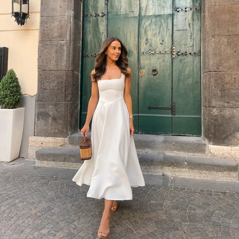 Women's mid-length dress with square neckline, V-shaped waist, and built-in cups
