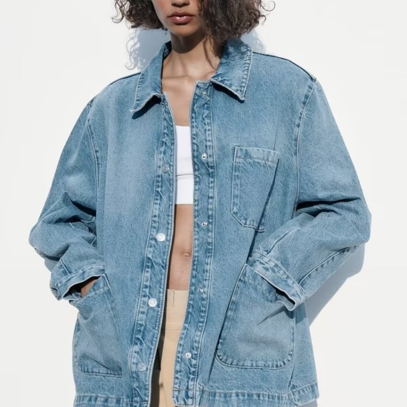 Women's denim blend jacket with button placket and straight cut