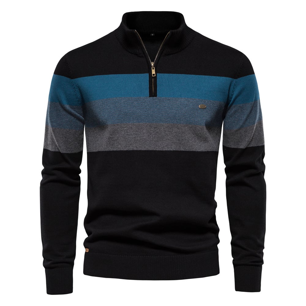 Gestreifter Herrenpullover mit Reißverschluss, blau-grau-schwarz, aus Baumwolle, modisch, warm, ideal für Herbst und Winter.