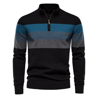 Gestreifter Herrenpullover mit Reißverschluss, blau-grau-schwarz, aus Baumwolle, modisch, warm, ideal für Herbst und Winter.