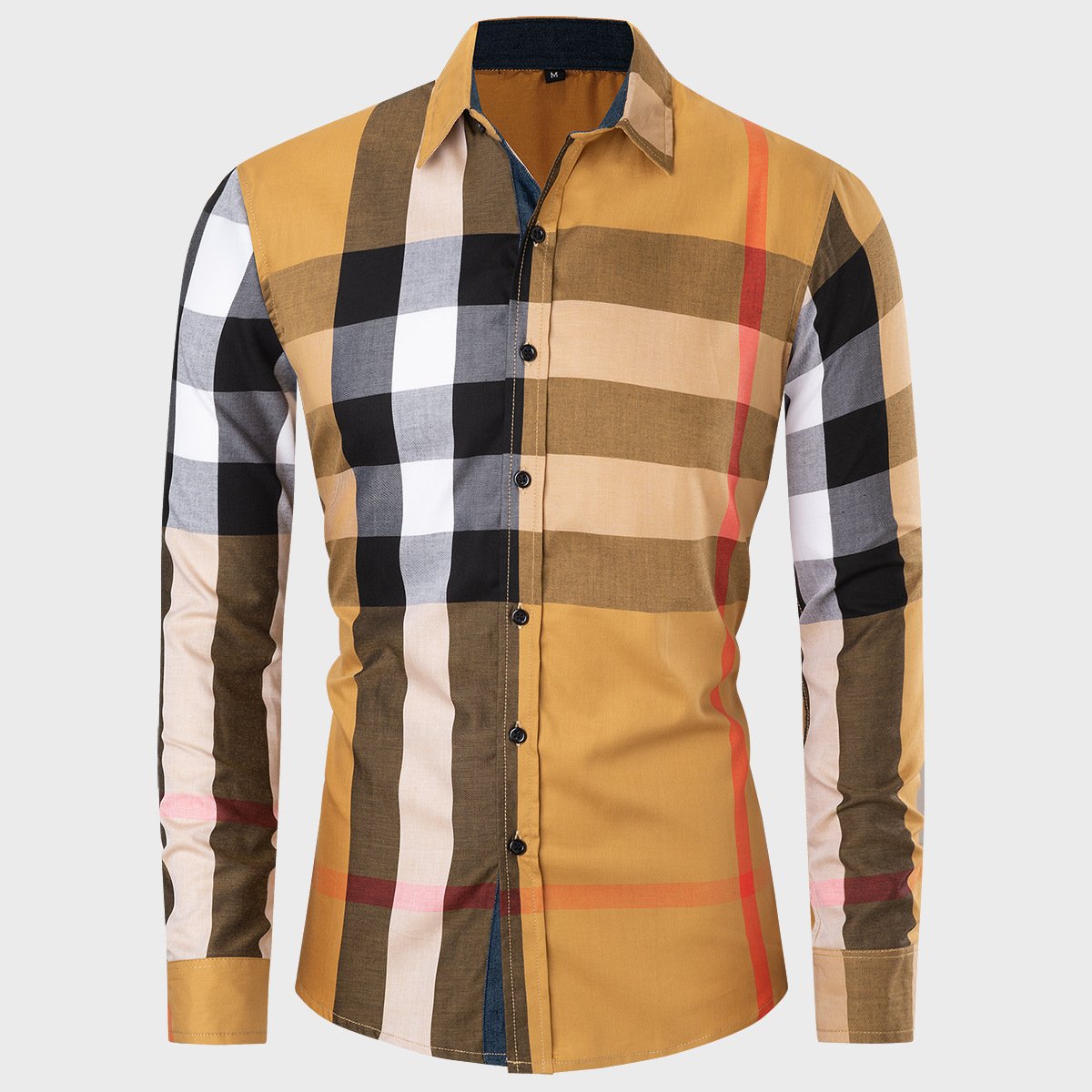 Men's long-sleeve cardigan shirt with checkered pattern and color block design