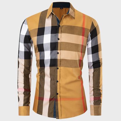 Men's long-sleeve cardigan shirt with checkered pattern and color block design