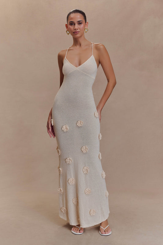 Damen Häkel-Maxikleid Mit V-Ausschnitt Und Blumen-Details