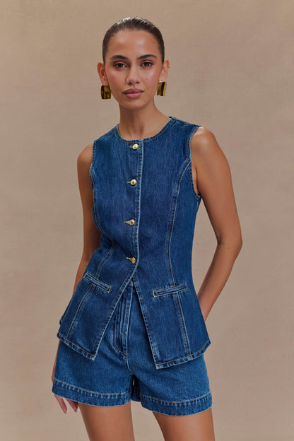 Zweiteiliges Damen Sommer Denim Set mit ärmelloser Weste und Shorts
