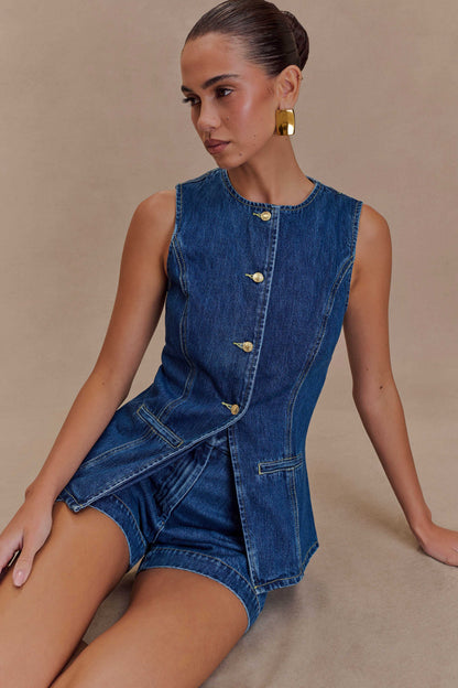 Zweiteiliges Damen Sommer Denim Set mit ärmelloser Weste und Shorts