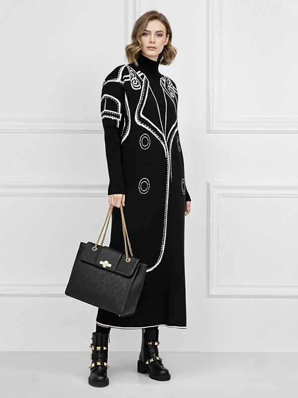 Women's Autumn Midi Dress with Half Stand Collar and Print Design