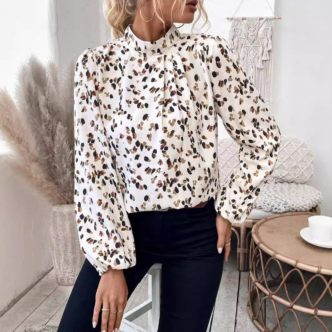Women's Long-Sleeve Shirt with Printed Pattern, Standing Collar, and Lantern Sleeves