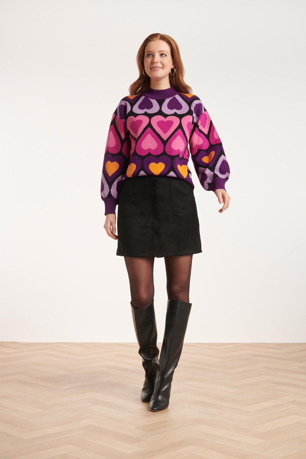 Women's Knitted Top with Loose Fit, Heart Pattern and Ribbed Standing Collar