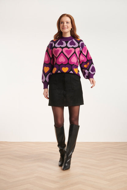 Women's Knitted Top with Loose Fit, Heart Pattern and Ribbed Standing Collar