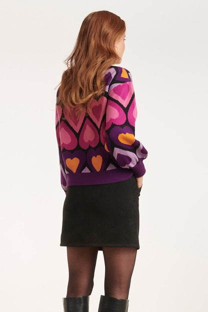 Women's Knitted Top with Loose Fit, Heart Pattern and Ribbed Standing Collar