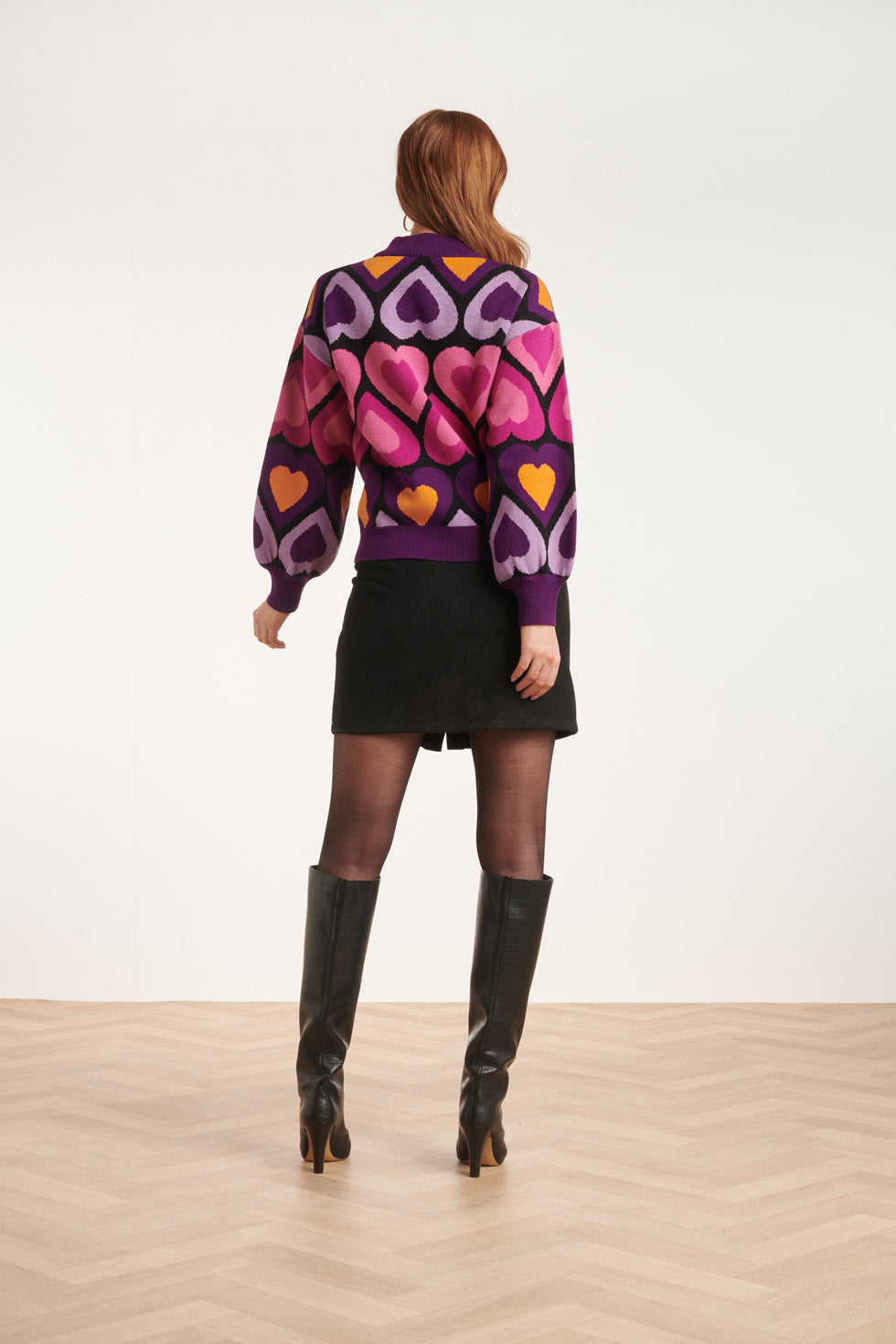 Women's Knitted Top with Loose Fit, Heart Pattern and Ribbed Standing Collar