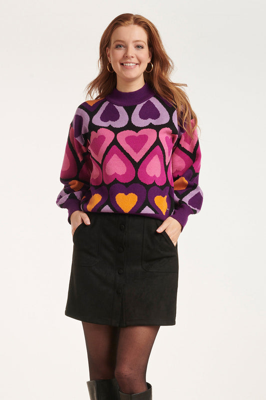 Women's Knitted Top with Loose Fit, Heart Pattern and Ribbed Standing Collar