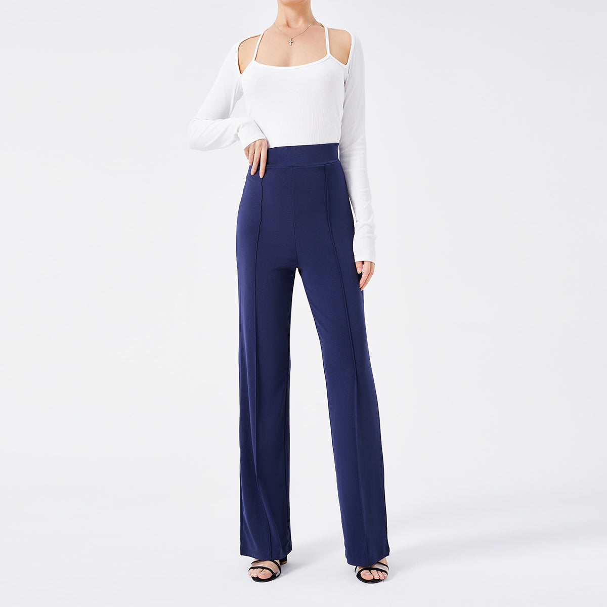 Damen Hochtaillen-Slim-Schlaghose in Unifarbe