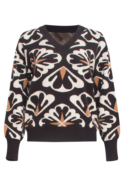 Women's Oversized Knitted Sweater Black Floral Pattern V-Neck