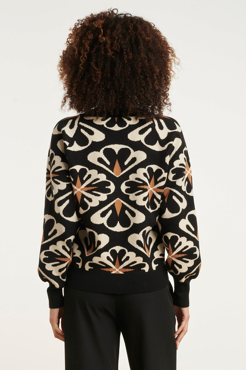 Women's Oversized Knitted Sweater Black Floral Pattern V-Neck