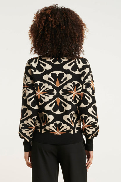 Women's Oversized Knitted Sweater Black Floral Pattern V-Neck