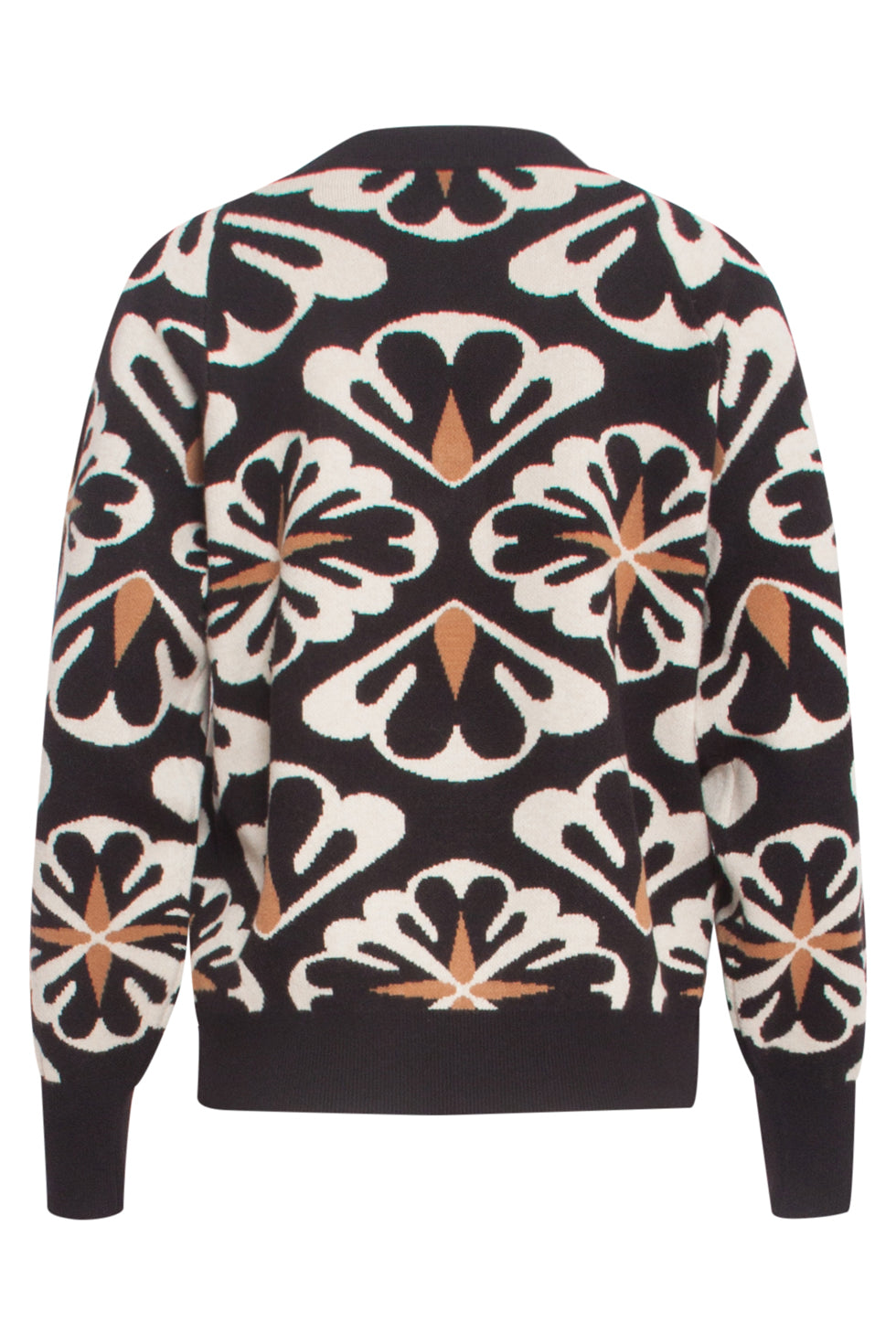 Women's Oversized Knitted Sweater Black Floral Pattern V-Neck