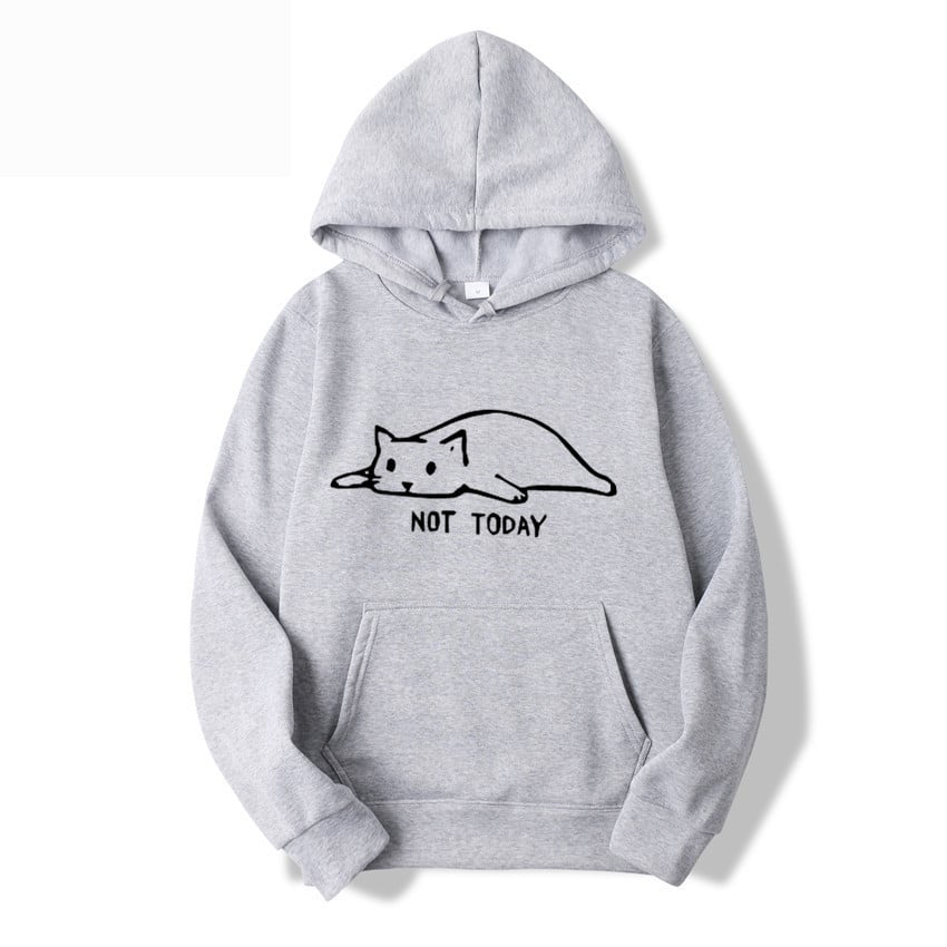 Women's hooded pullover with cat print and front lacing