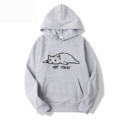 Women's hooded pullover with cat print and front lacing