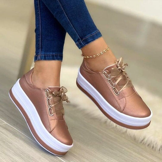 Women's Flat Platform Sneakers with Ribbon Lacing, Round Toe, and Rubber Sole