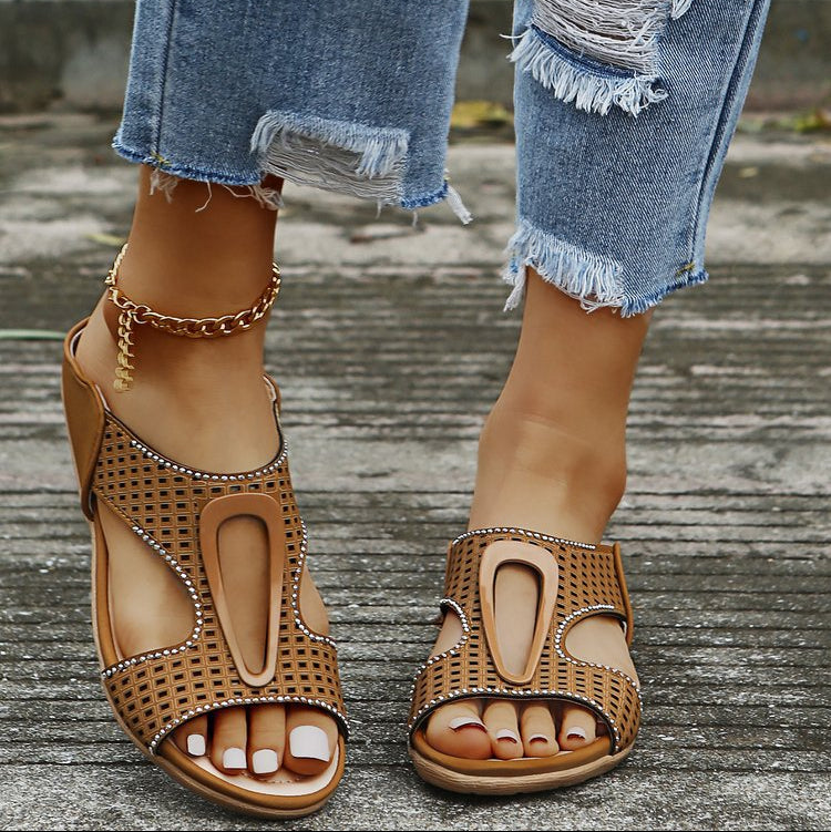 Damen Sommer-Sandalen Mit Fischmaul-Verzierung, Flach, Mit Strasssteinen, Durchbrochen, Zum Hineinschlü