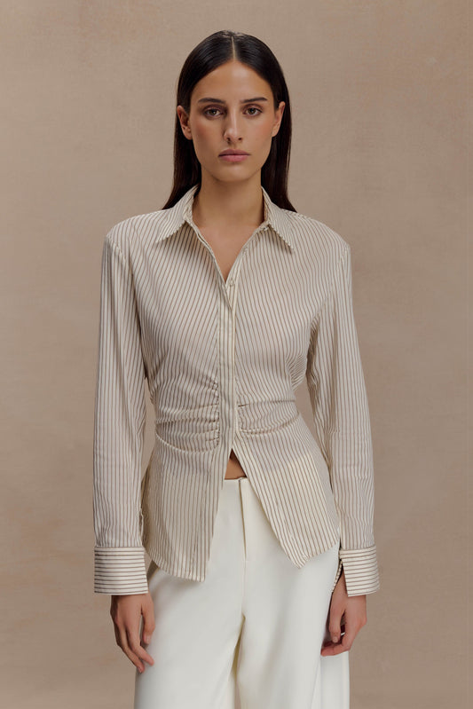 Damen Hemdbluse Mit Knopfleiste In Beige Mit Nadelstreifen Und Bindeband