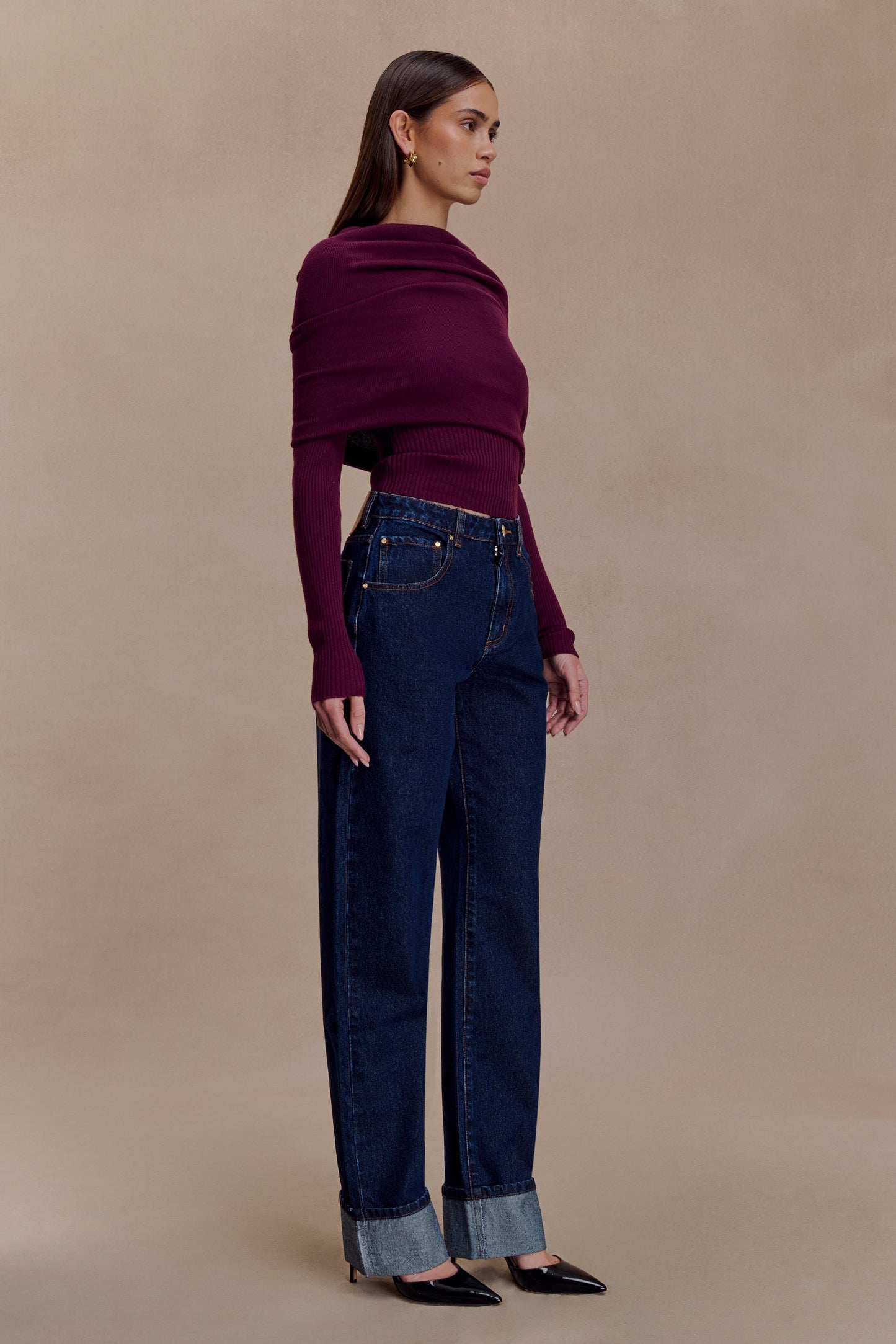 Damen Stricktop Langarm Asymmetrischer Off-Shoulder-Umschlagkragen Bordeaux