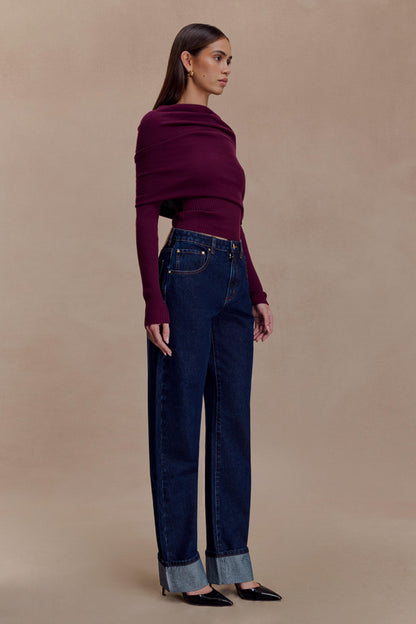Damen Stricktop Langarm Asymmetrischer Off-Shoulder-Umschlagkragen Bordeaux