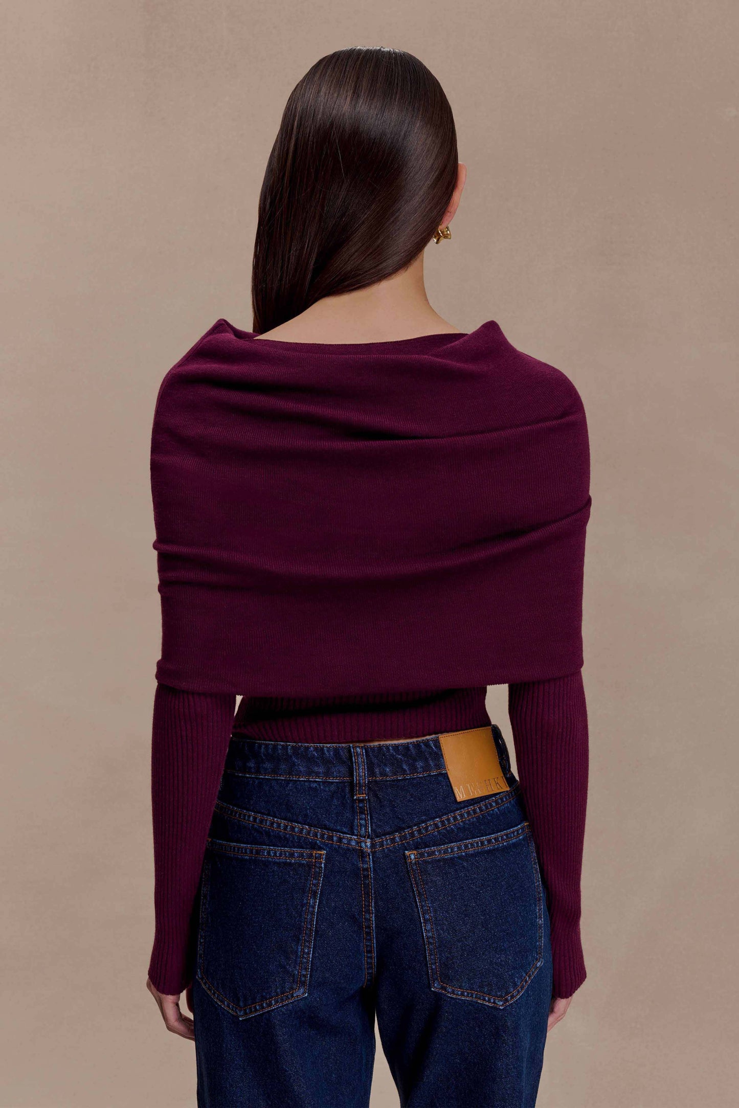 Damen Stricktop Langarm Asymmetrischer Off-Shoulder-Umschlagkragen Bordeaux