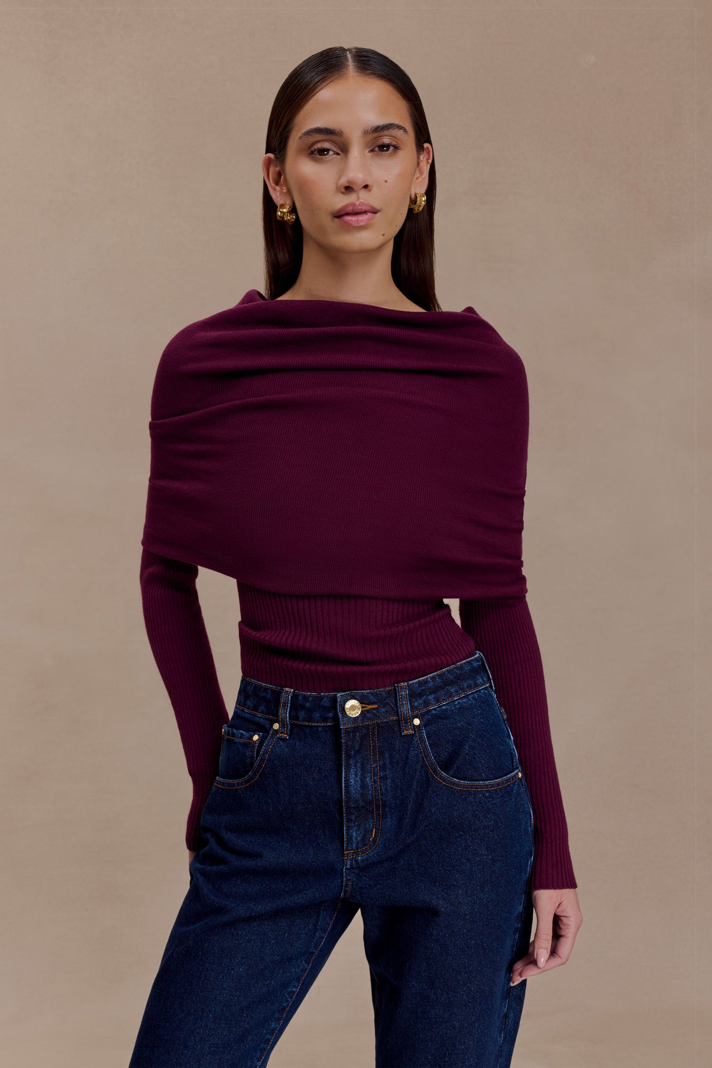 Damen Stricktop Langarm Asymmetrischer Off-Shoulder-Umschlagkragen Bordeaux