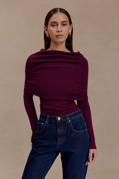 Damen Stricktop Langarm Asymmetrischer Off-Shoulder-Umschlagkragen Bordeaux