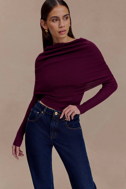 Damen Stricktop Langarm Asymmetrischer Off-Shoulder-Umschlagkragen Bordeaux