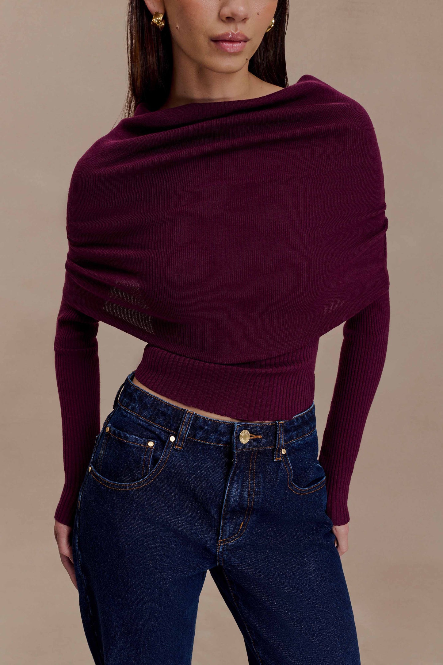 Damen Stricktop Langarm Asymmetrischer Off-Shoulder-Umschlagkragen Bordeaux