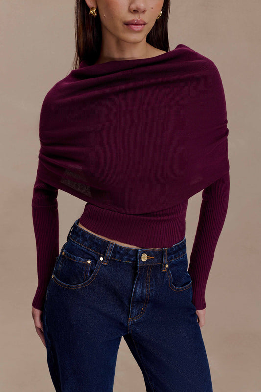 Damen Stricktop Langarm Asymmetrischer Off-Shoulder-Umschlagkragen Bordeaux