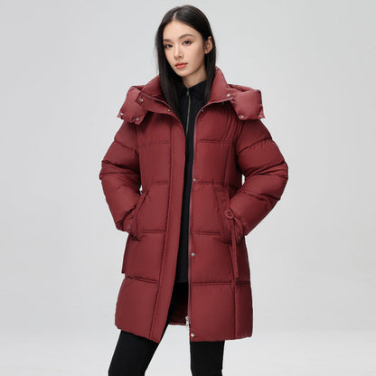 Women's mid-length winter down jacket with pockets and long sleeves