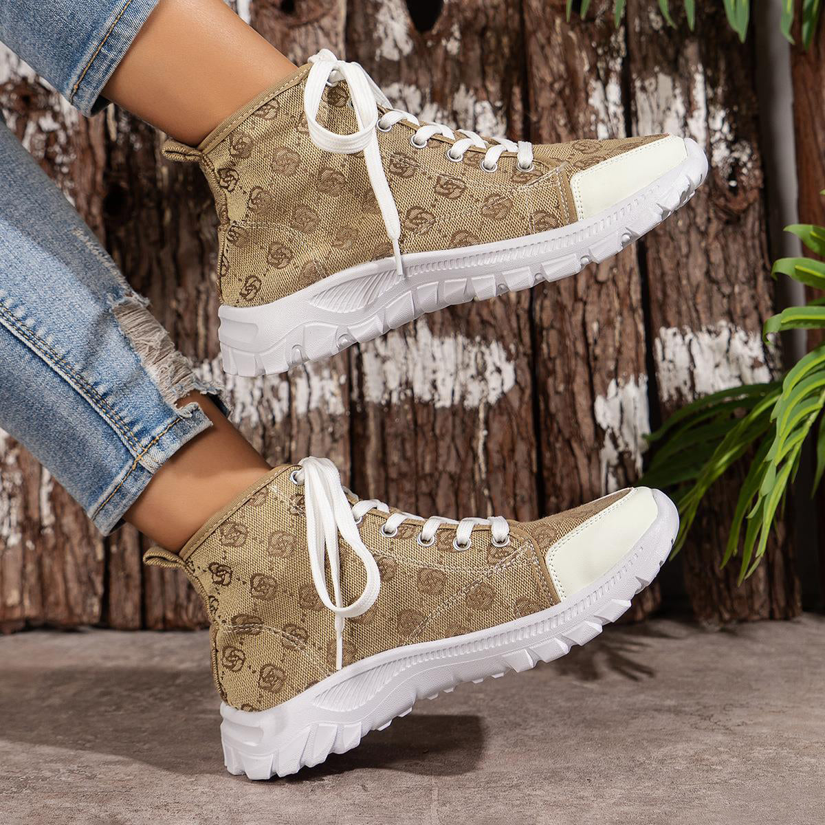 Damen Schnür Kurzstiefel mit runder Spitze und Rosenprint – Canvas Style