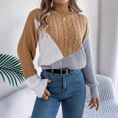 Women's Sweater with Twisted Knit Pattern, Contrasting Colors, and Long Sleeves