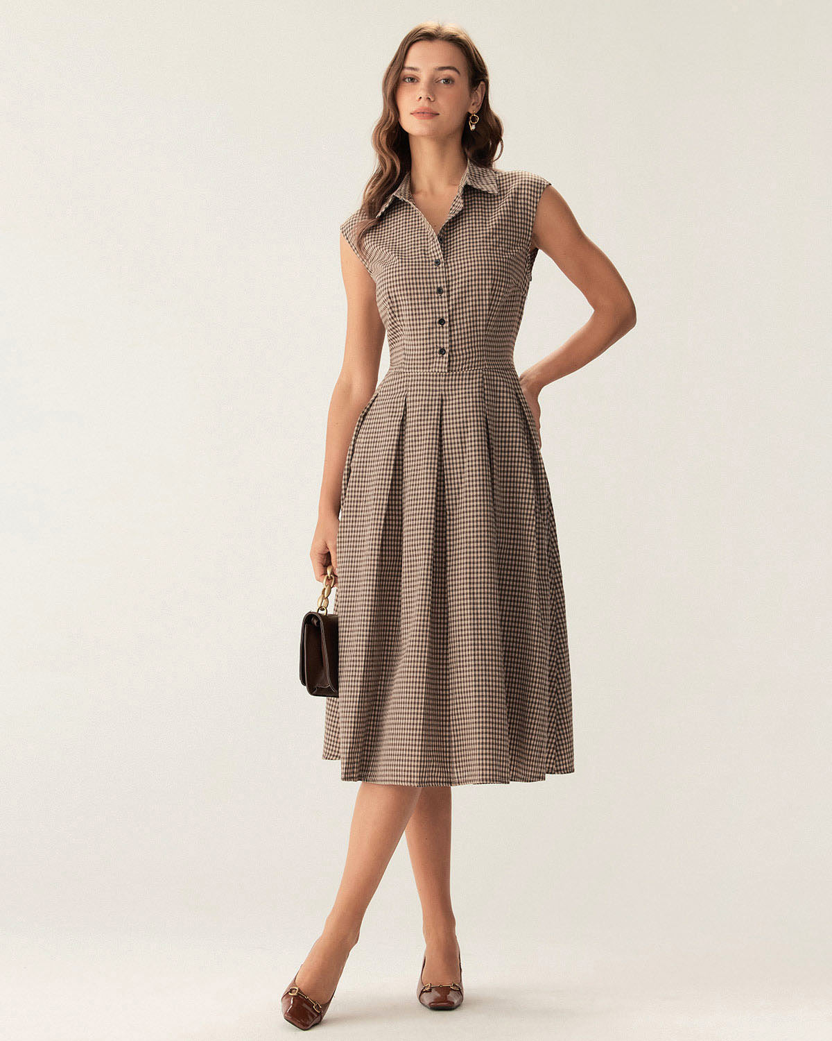 Women's autumn midi dress brown plaid button placket pleats A-line