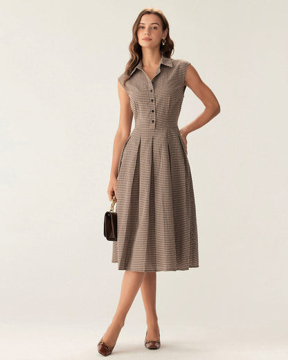 Women's autumn midi dress brown plaid button placket pleats A-line