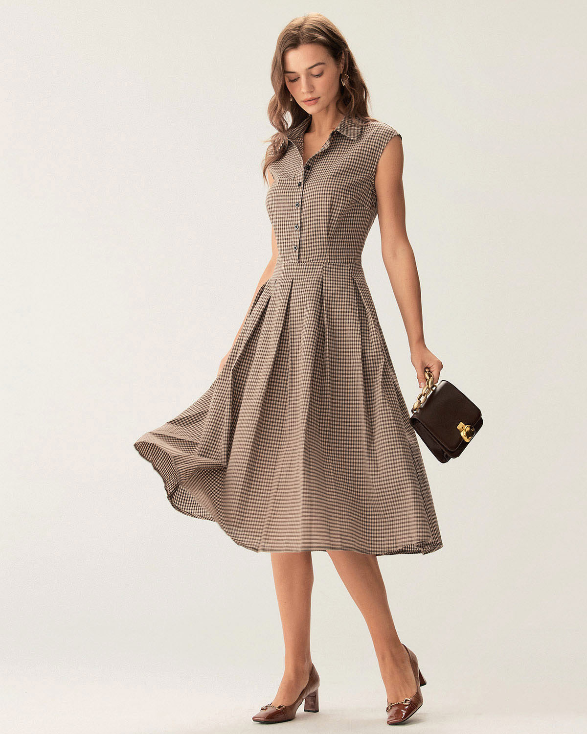 Women's autumn midi dress brown plaid button placket pleats A-line