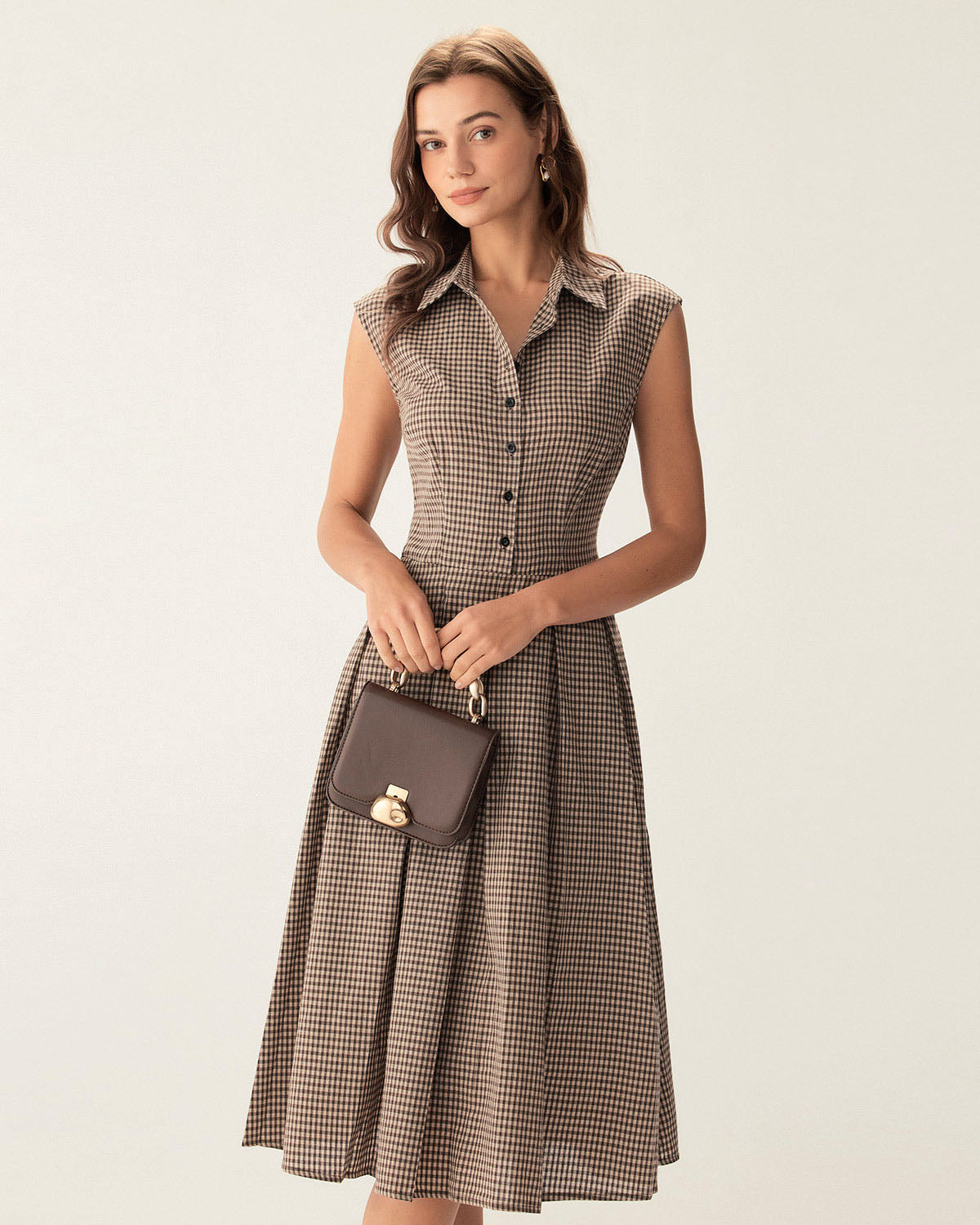 Women's autumn midi dress brown plaid button placket pleats A-line