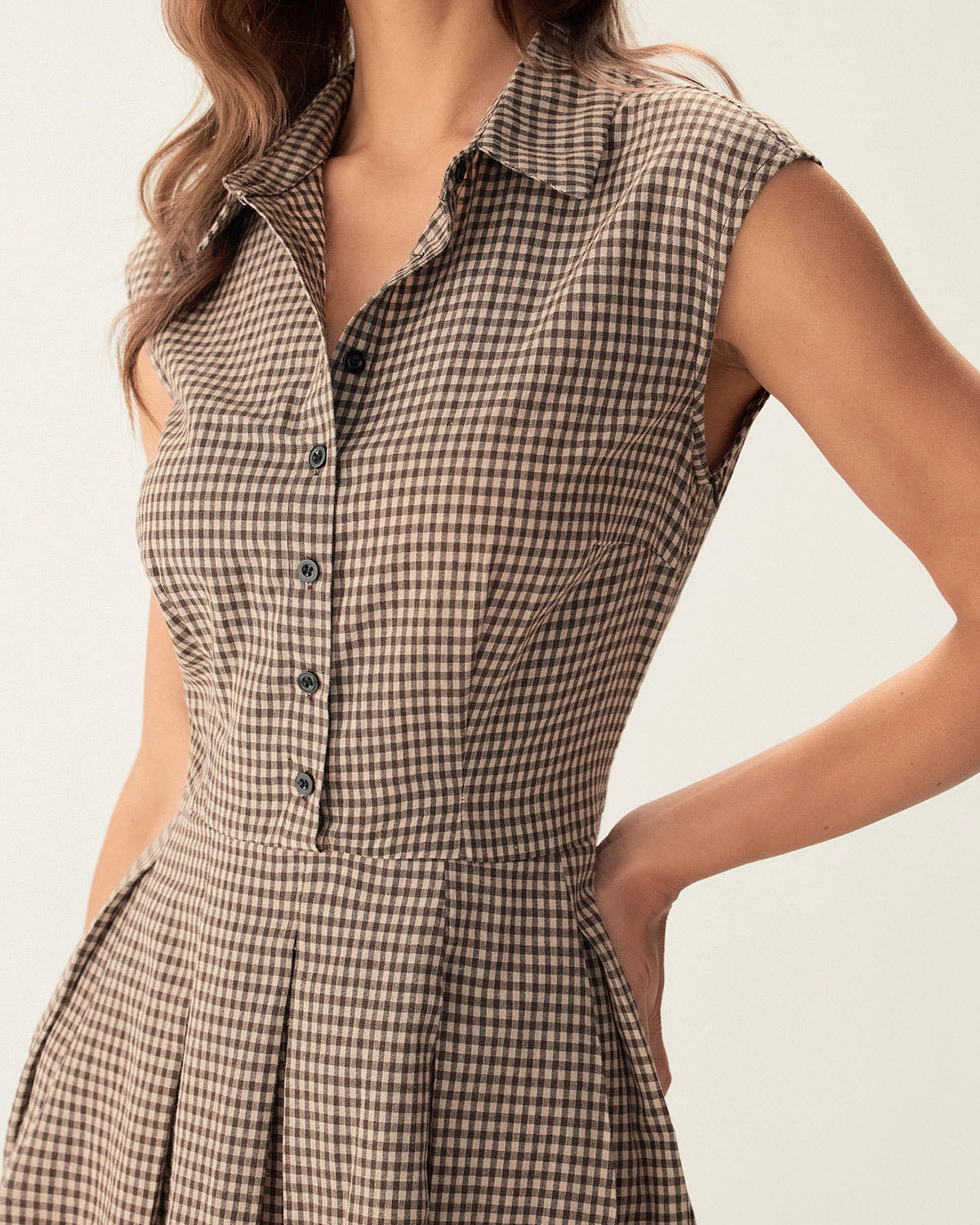 Women's autumn midi dress brown plaid button placket pleats A-line
