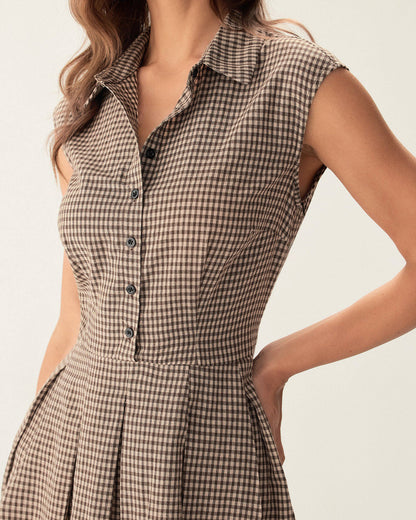 Women's autumn midi dress brown plaid button placket pleats A-line