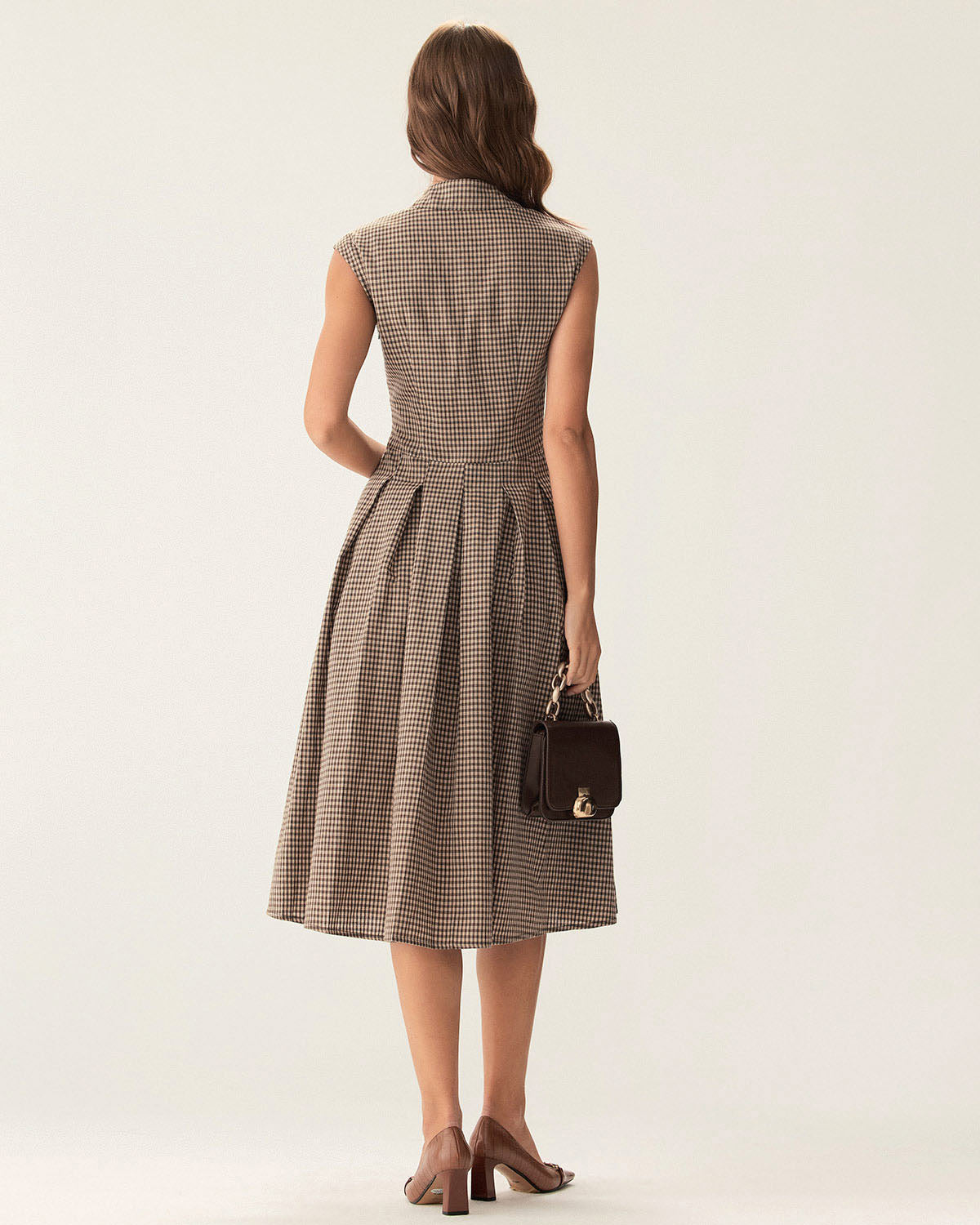 Women's autumn midi dress brown plaid button placket pleats A-line