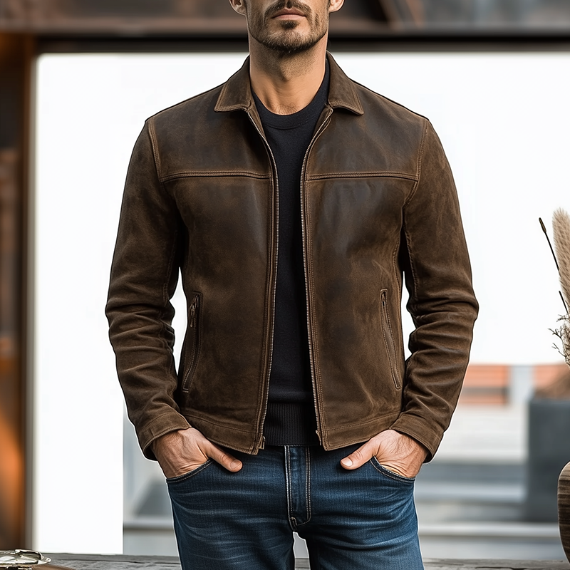 Mann in brauner Lederjacke und blauer Jeans, lässig stehend. Modetrend, Herrenbekleidung, stilvolle Freizeitmode, urbane Kulisse.