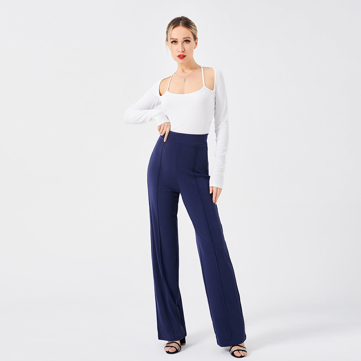 Damen Hochtaillen-Slim-Schlaghose in Unifarbe