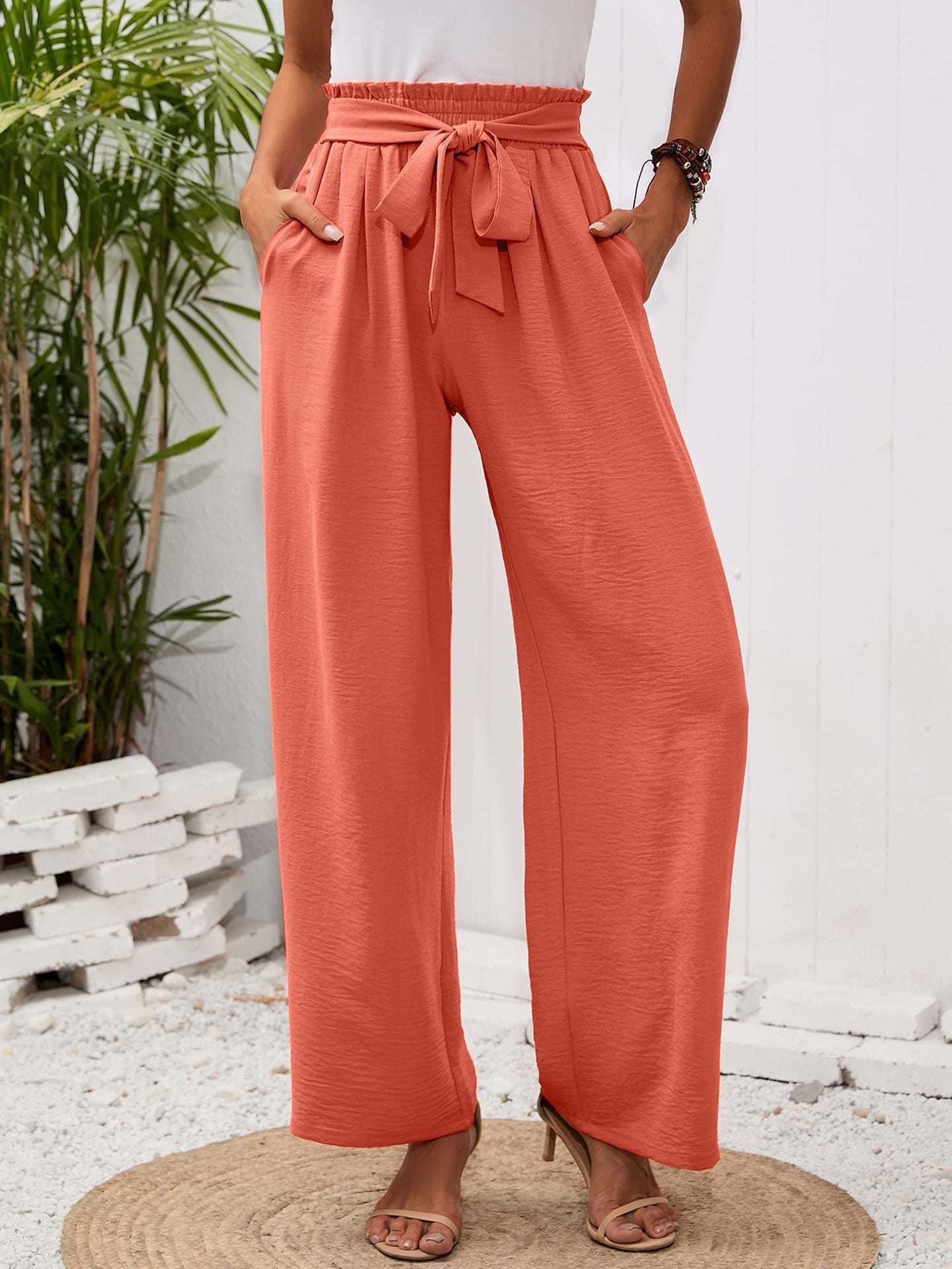 Damen-Hose mit hohem Bund, geknotetem Bund und weitem Bein – Klassischer Stil