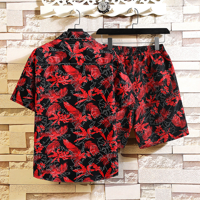 Men's Printed Short-Sleeve Shirt and Shorts, Two-Piece Cotton Blend Set, Street Style Outfit, Lightweight Summer Clothing