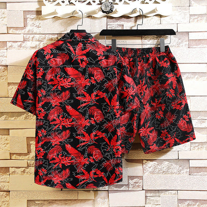 Men's Printed Short-Sleeve Shirt and Shorts, Two-Piece Cotton Blend Set, Street Style Outfit, Lightweight Summer Clothing
