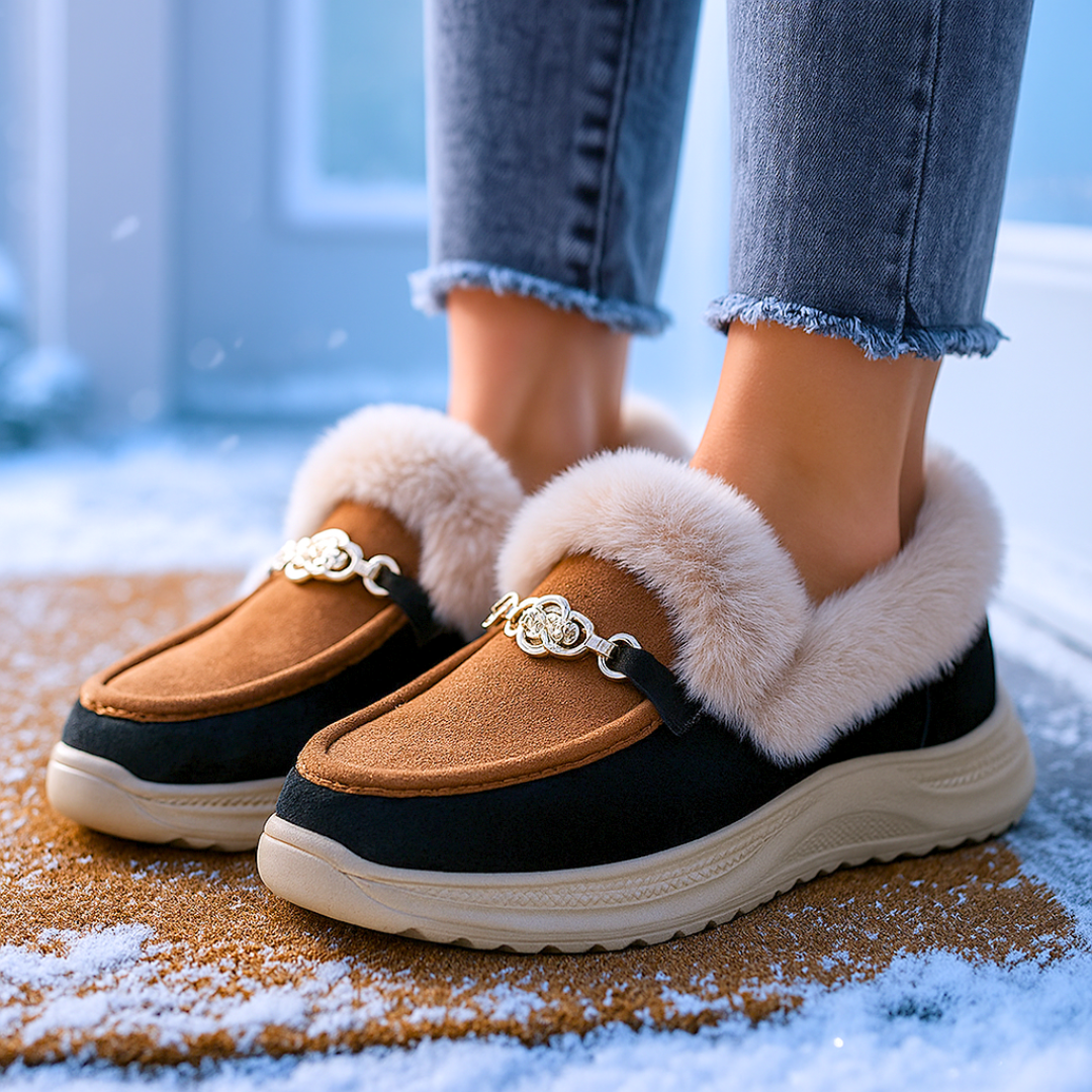 Damen Loafer Veganes Wildleder Orthopädische Plateausohle Kunstfellkragen mit Kettendetail